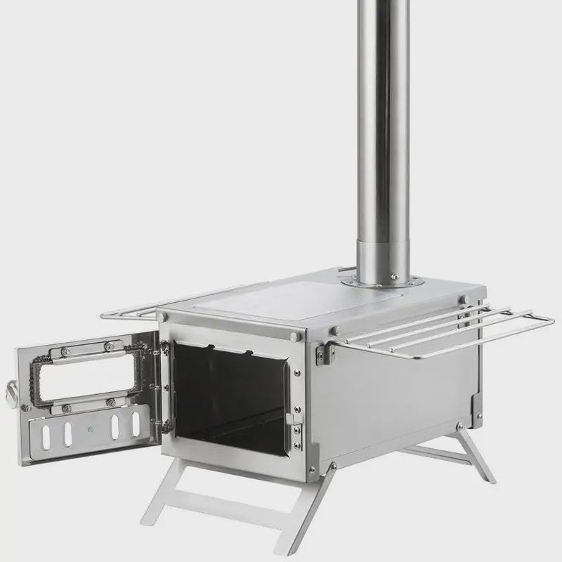 80-Inch RVS Camping Houtkachel met 8 Pijpen - Draagbaar & Efficiënt voor Buiten Koken & Verwarming
