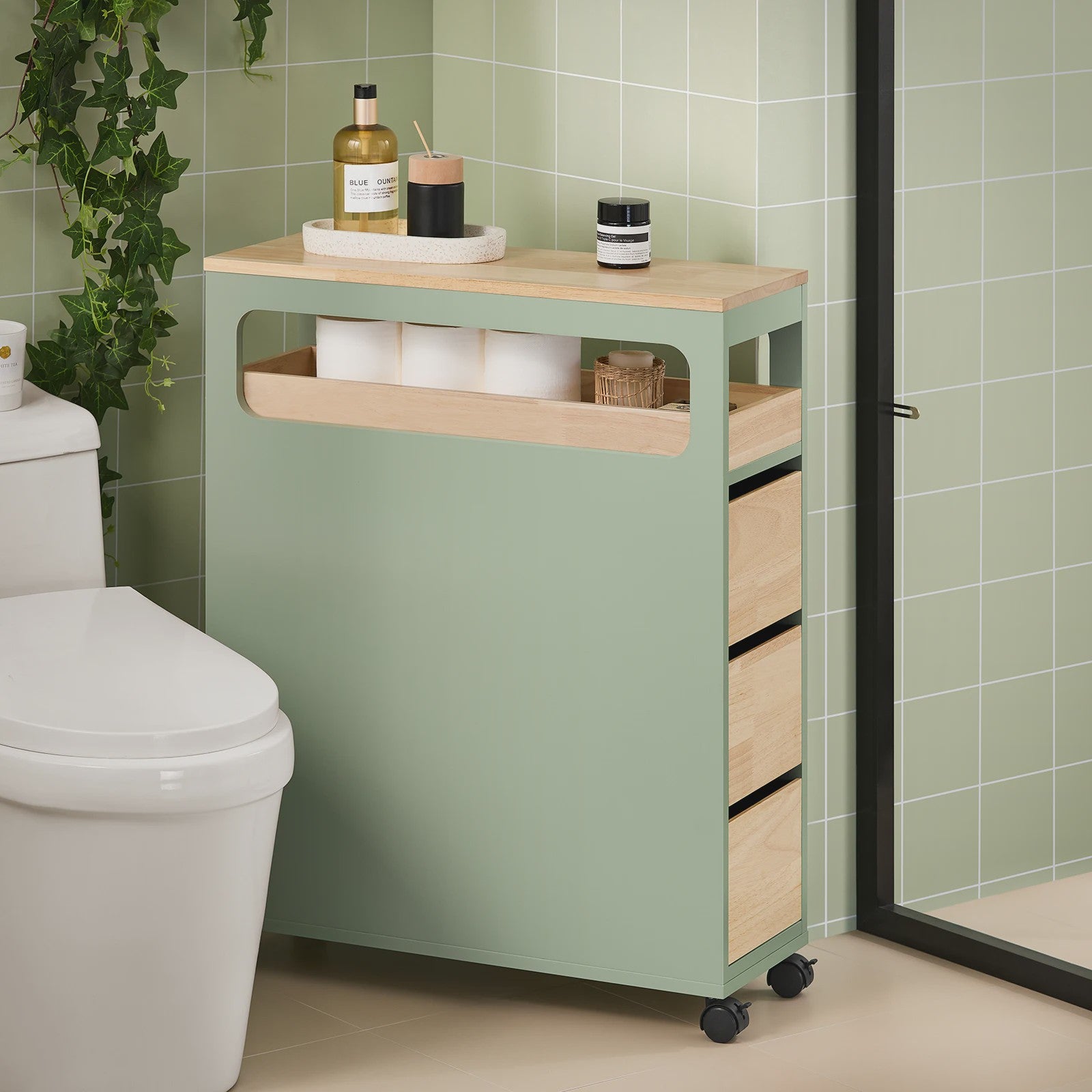 Smalle Badkamerkast met 3 Lades en Afneembare Tray - Houten Bovenblad