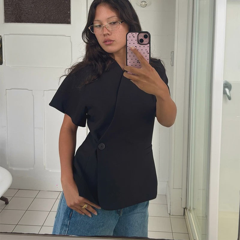 Dames Blazer Top met Korte Mouwen en Peplum Zoom - Elegante V-hals en Omvouwbare Kraag