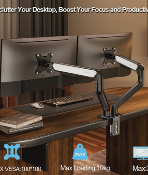 Dubbele Monitor Arm Bureauhouder - Verstelbaar voor 2x 32 inch Schermen, 10kg per Arm, VESA 100x100mm