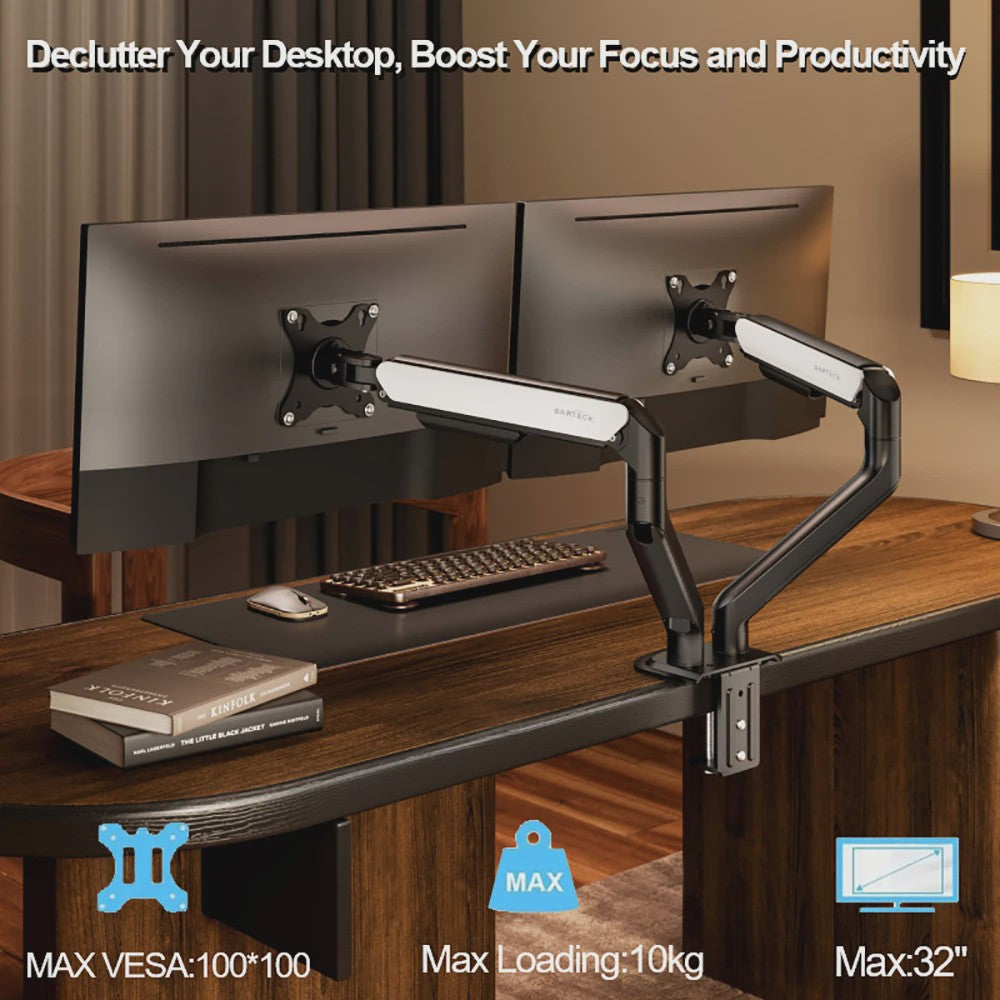 Dubbele Monitor Arm Bureauhouder - Verstelbaar voor 2x 32 inch Schermen, 10kg per Arm, VESA 100x100mm