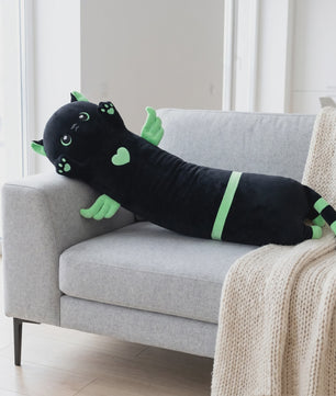 Kawaii Zwarte Kat Pluche Knuffelkussen met Vleugels - Extra Lang Slaapkussen voor Bank of Bed