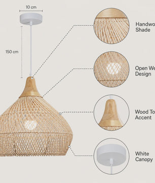 Boho Rotan Hanglamp met Houten Top - Sfeervolle Verlichting voor Woonkamer, Keuken & Eetkamer