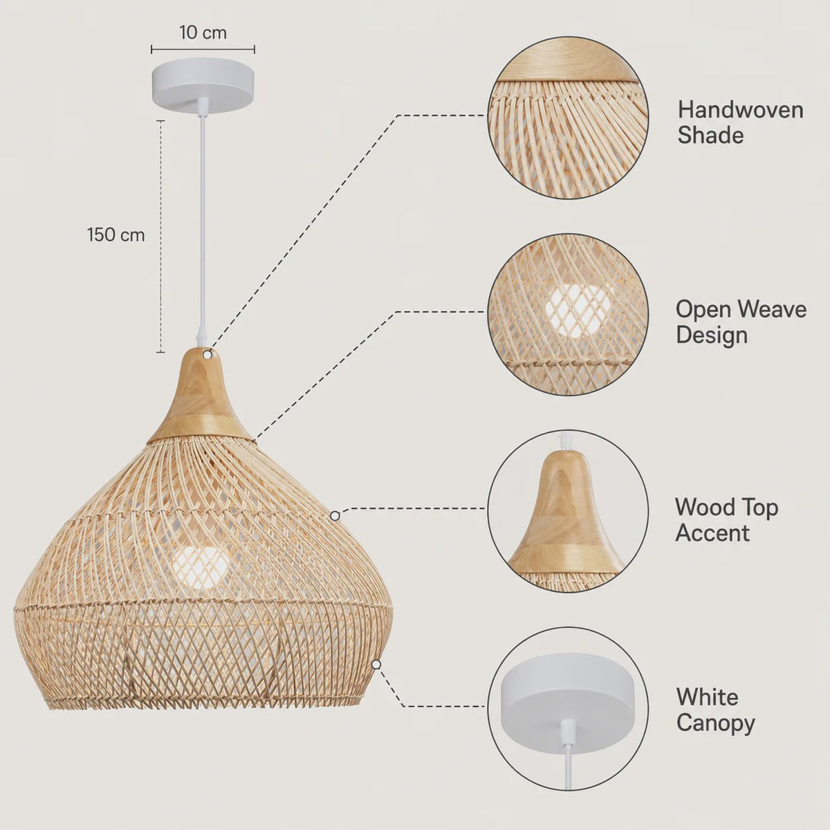 Boho Rotan Hanglamp met Houten Top - Sfeervolle Verlichting voor Woonkamer, Keuken & Eetkamer