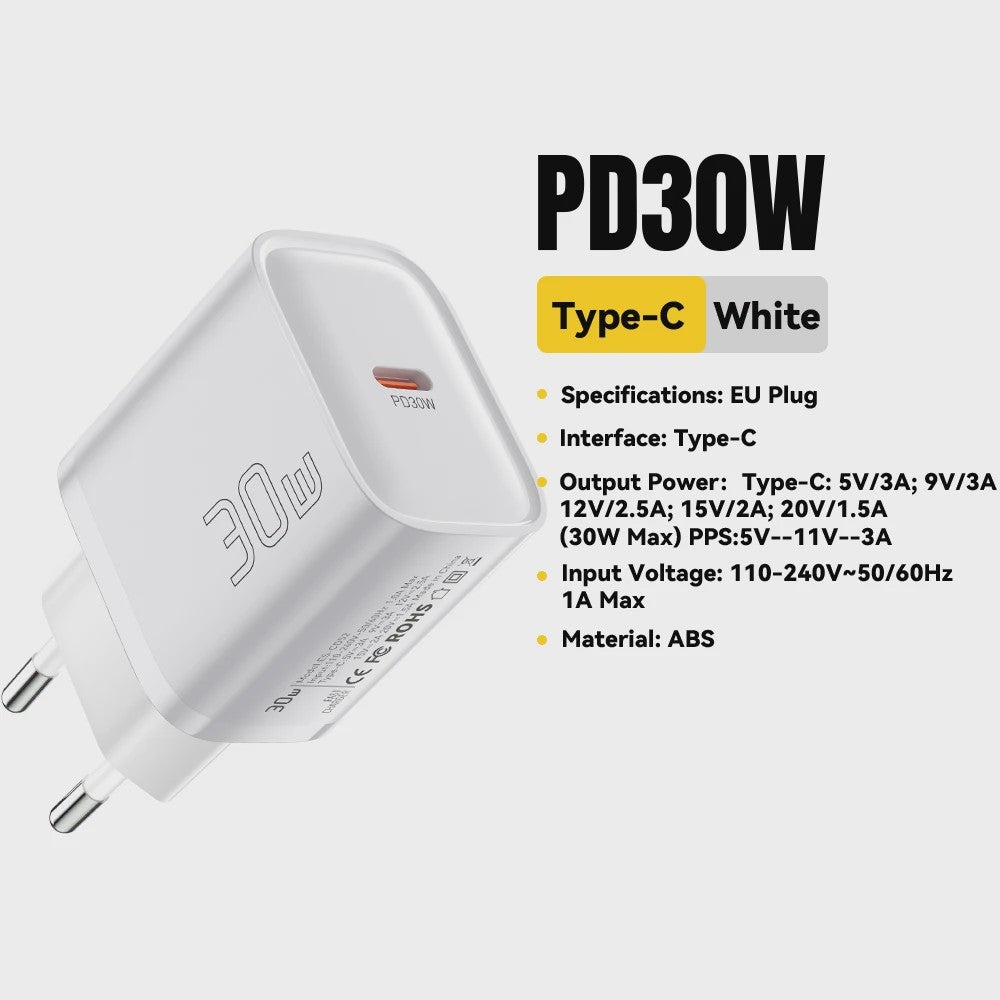 Essager Mini 30W Snellader Type C PD QC3.0 voor iPhone, Samsung, iPad