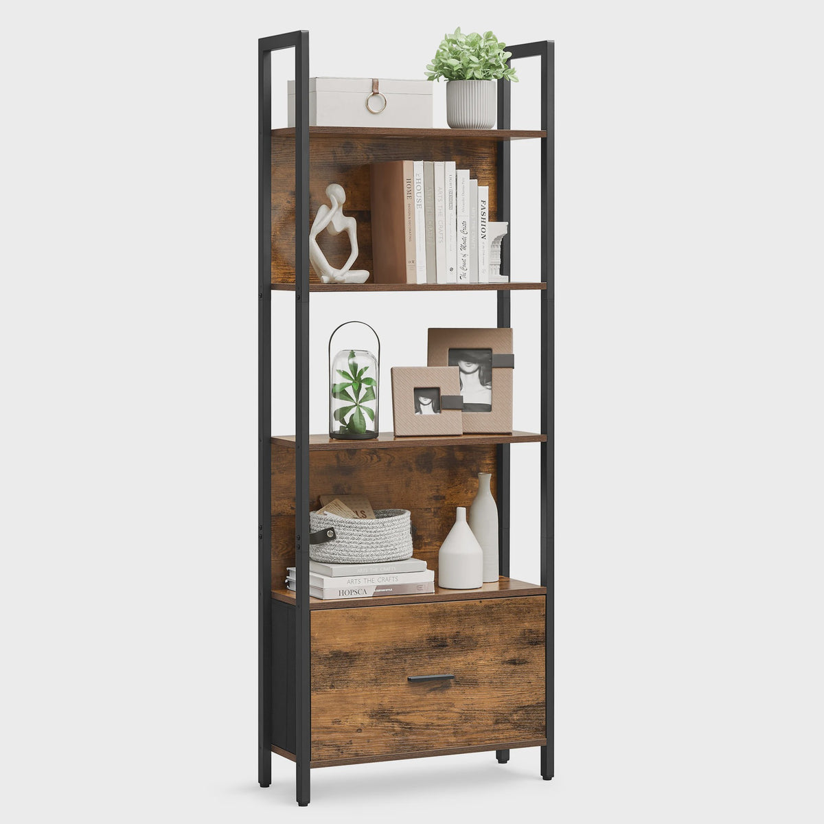 VASAGLE Industriële Boekenkast met Lade - 5 Lagen, Ladder Design, Staal Frame