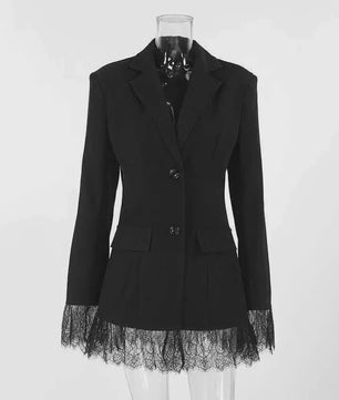 Elegante Zwarte Dames Blazer met Kantafwerking - Getailleerd V-hals Kantoorjasje