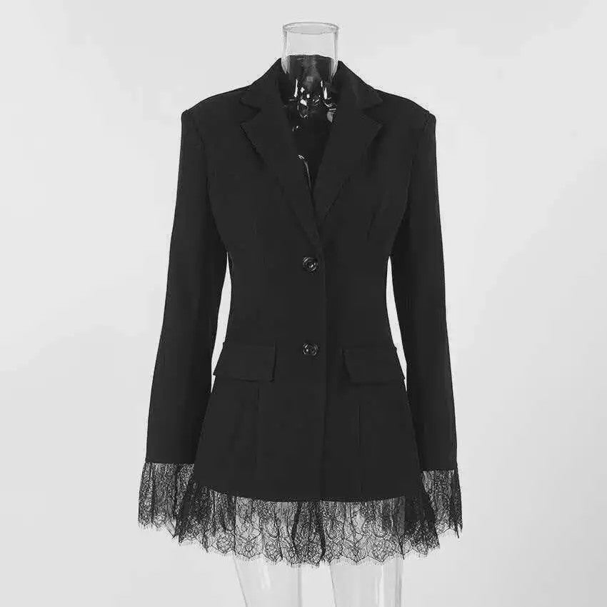 Elegante Zwarte Dames Blazer met Kantafwerking - Getailleerd V-hals Kantoorjasje