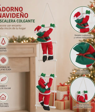 100cm Kerstman aan Ladder - Hangend Kerstdecoratie Ornament met Cadeauzak