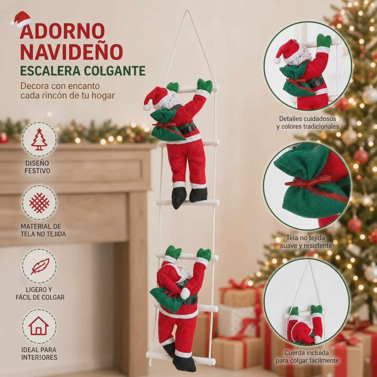 100cm Kerstman aan Ladder - Hangend Kerstdecoratie Ornament met Cadeauzak