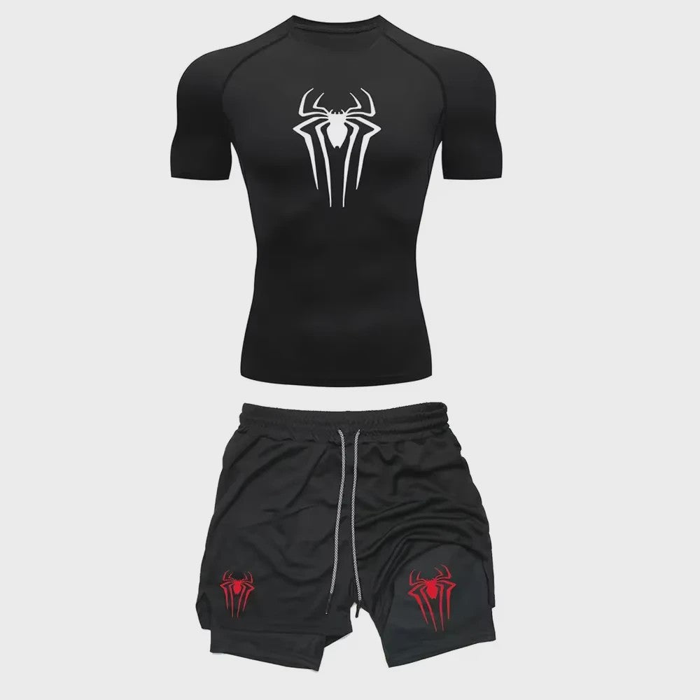 Heren Sport Set: Compressie T-shirt & Short met Spider Print