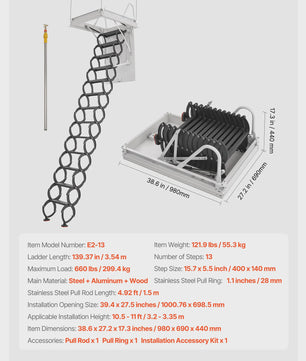 Zoldertrap Inklapbaar - 299 kg Draagkracht - 2.6 - 2.85 m Hoogte - Met Trekstang