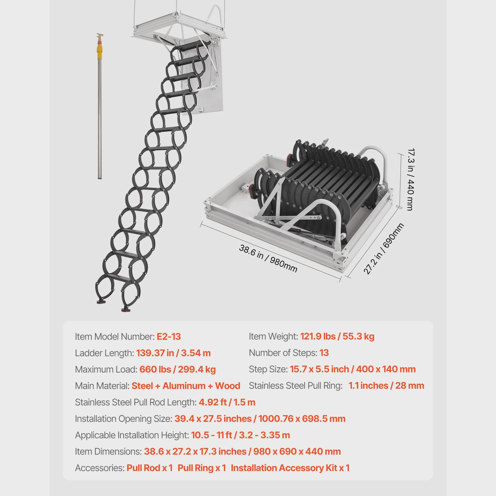 Zoldertrap Inklapbaar - 299 kg Draagkracht - 2.6 - 2.85 m Hoogte - Met Trekstang