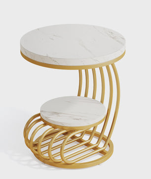 Moderne Ronde Bijzettafel met 2 Niveaus en Marmerlook - Wit Goud