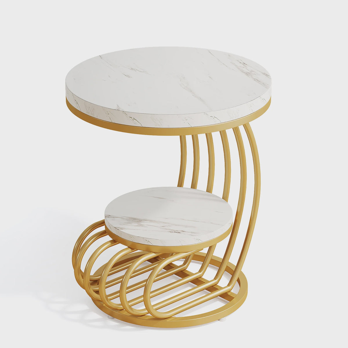 Moderne Ronde Bijzettafel met 2 Niveaus en Marmerlook - Wit Goud