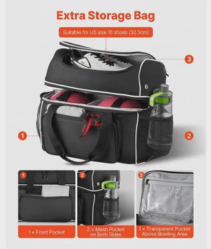 Bowlingtas met Wielen voor 2 Ballen, Schoenenvak, Extra Vak en Uitschuifbare Handgreep - Zwart/Wit