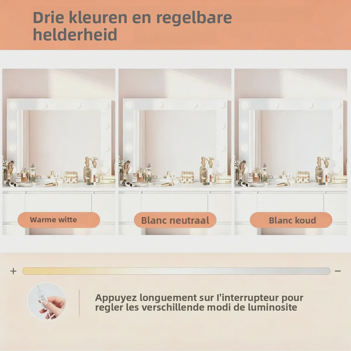 Kaptafel met Grote Spiegel, Verstelbare LED Verlichting en Ingebouwde USB/Stopcontacten - Veel Opbergruimte