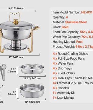 Set van 4 RVS Bain Maries (Chafing Dishes) - 5 Qt Capaciteit - Buffet Warmer