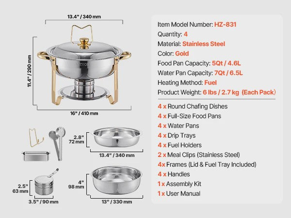 Set van 4 RVS Bain Maries (Chafing Dishes) - 5 Qt Capaciteit - Buffet Warmer