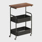 3-Laags Metalen Trolley met Houten Tafelblad - Verrijdbaar Side Table voor Woonkamer, Badkamer of Keuken