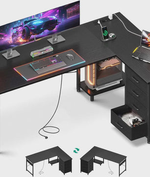 Wit L-vormig Hoekbureau met 4 Lades, Geïntegreerde Socket & USB Oplaadpoort - 155x110 cm