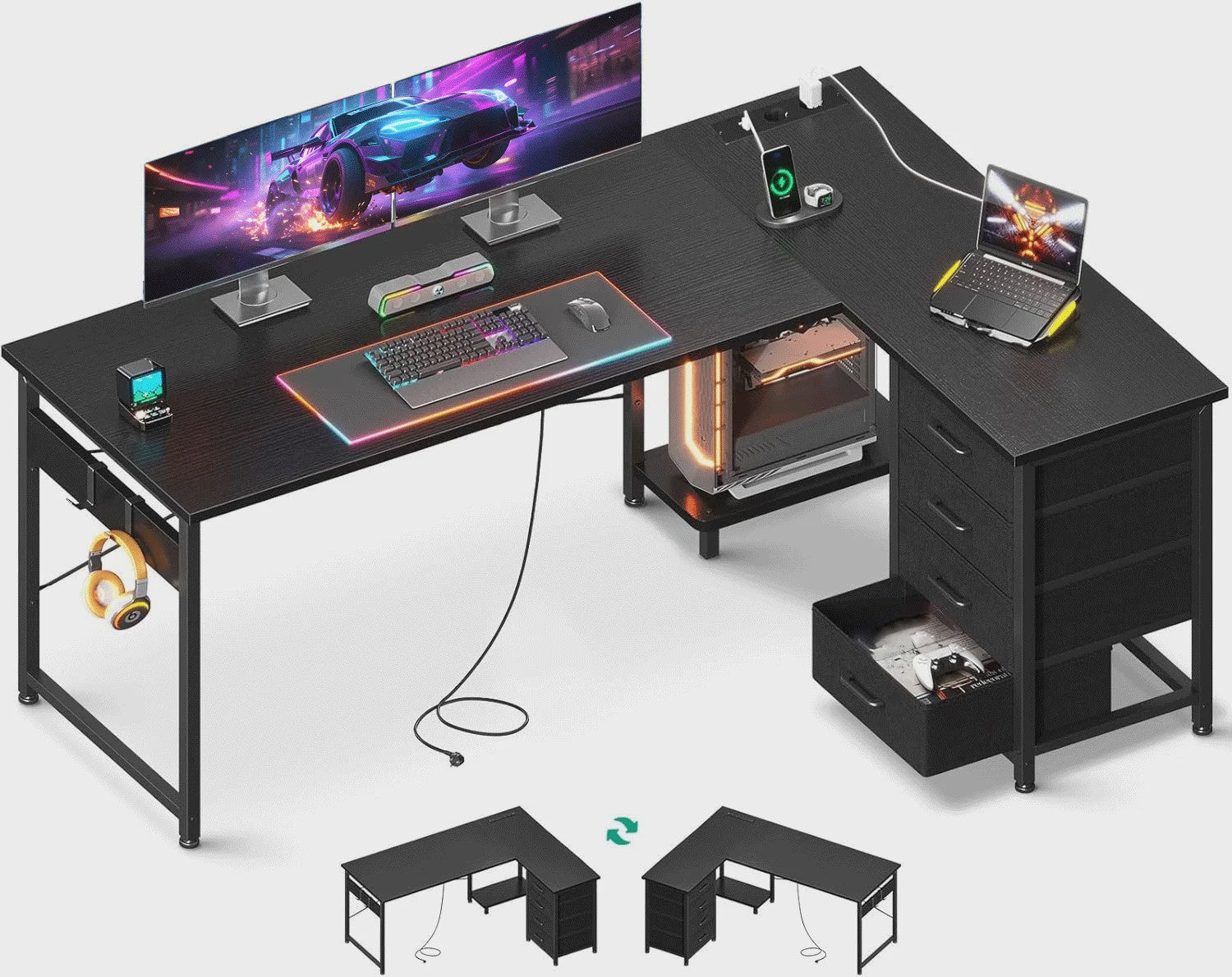 Wit L-vormig Hoekbureau met 4 Lades, Geïntegreerde Socket & USB Oplaadpoort - 155x110 cm