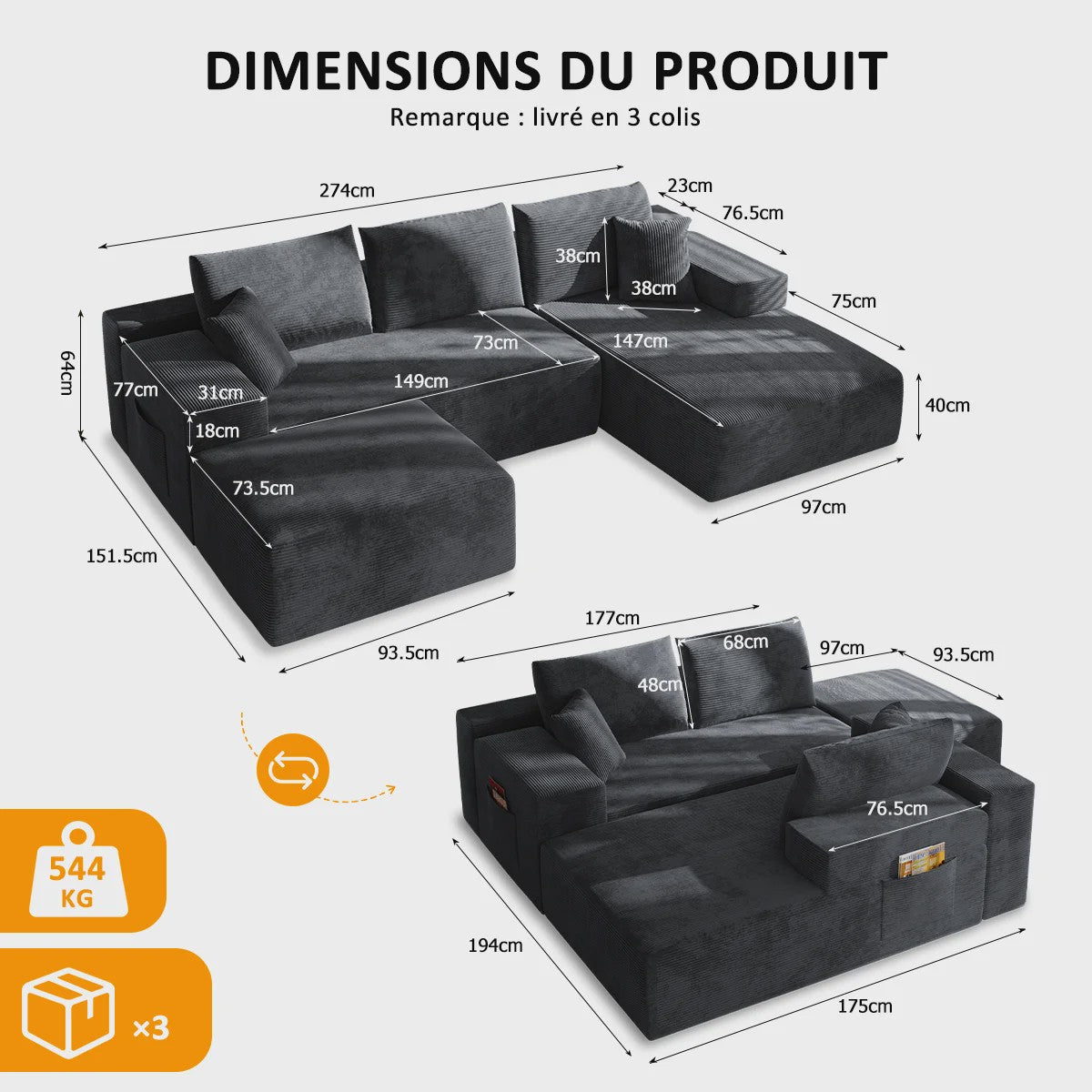 Moderne U-vormige Corduroy Bank met Memory Foam - Modulair en Comfortabel