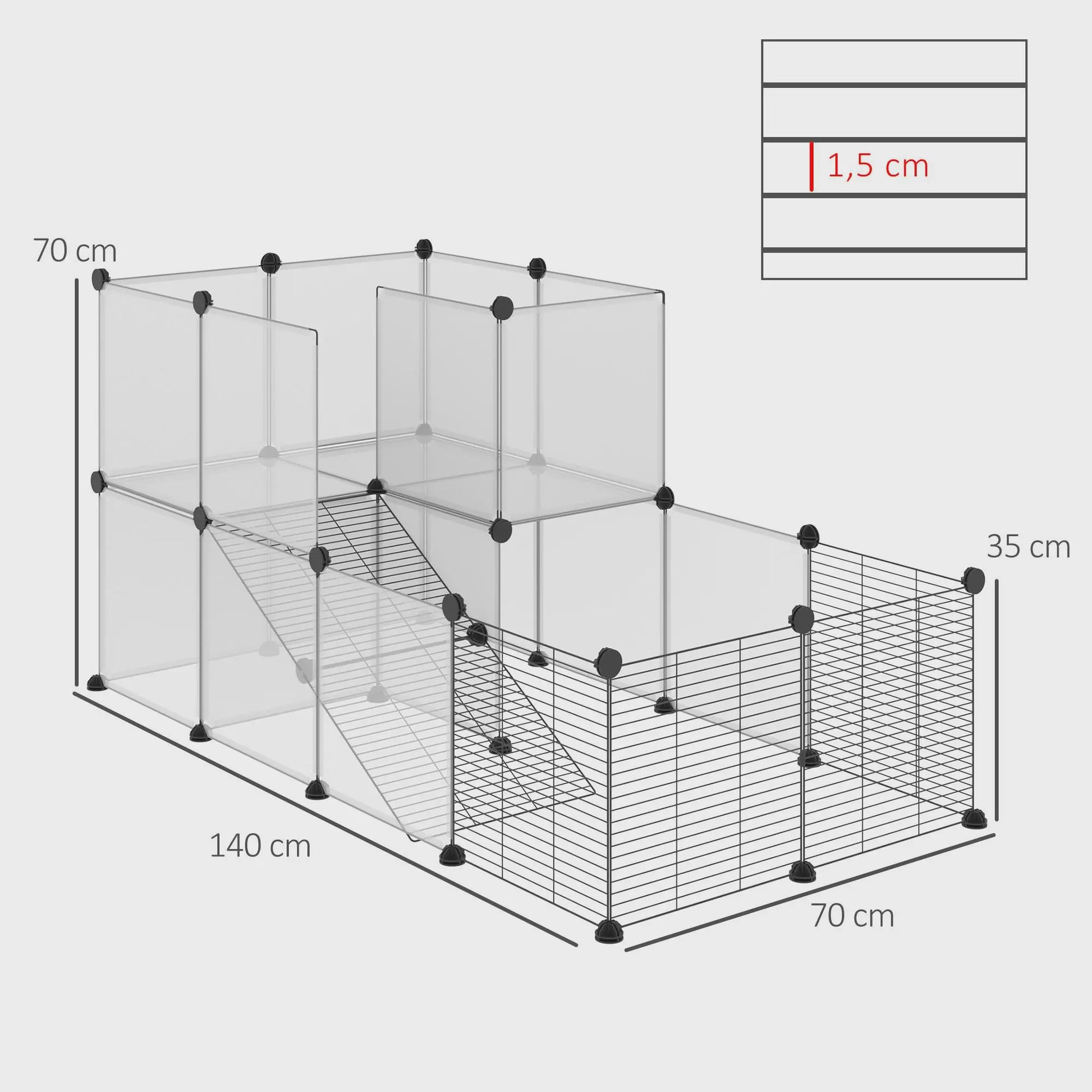 Modulaire Knaagdierenkooi RVS - 27 Delen - Voor Konijnen, Cavia's & Chinchilla's - 140x70x70cm - Transparant