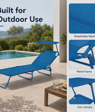 Opvouwbare Loungestoel 188cm met Verstelbare Rugleuning en Zonnekap - Blauw/Zand