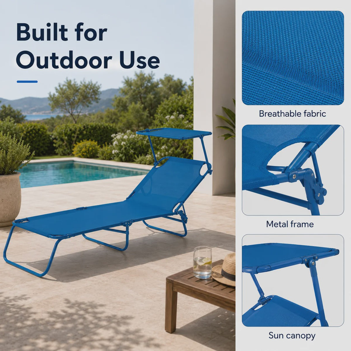 Opvouwbare Loungestoel 188cm met Verstelbare Rugleuning en Zonnekap - Blauw/Zand
