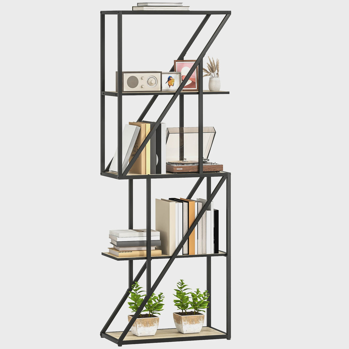 Industriële Boekenkast 5 Lagen met Open Planken en Stalen Frame - 60x30x165 cm Eikenlook
