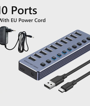 10-Poorts USB 3.0 Hub met 5Gbps Snelheid, Individuele Schakelaars en Krachtige Adapter