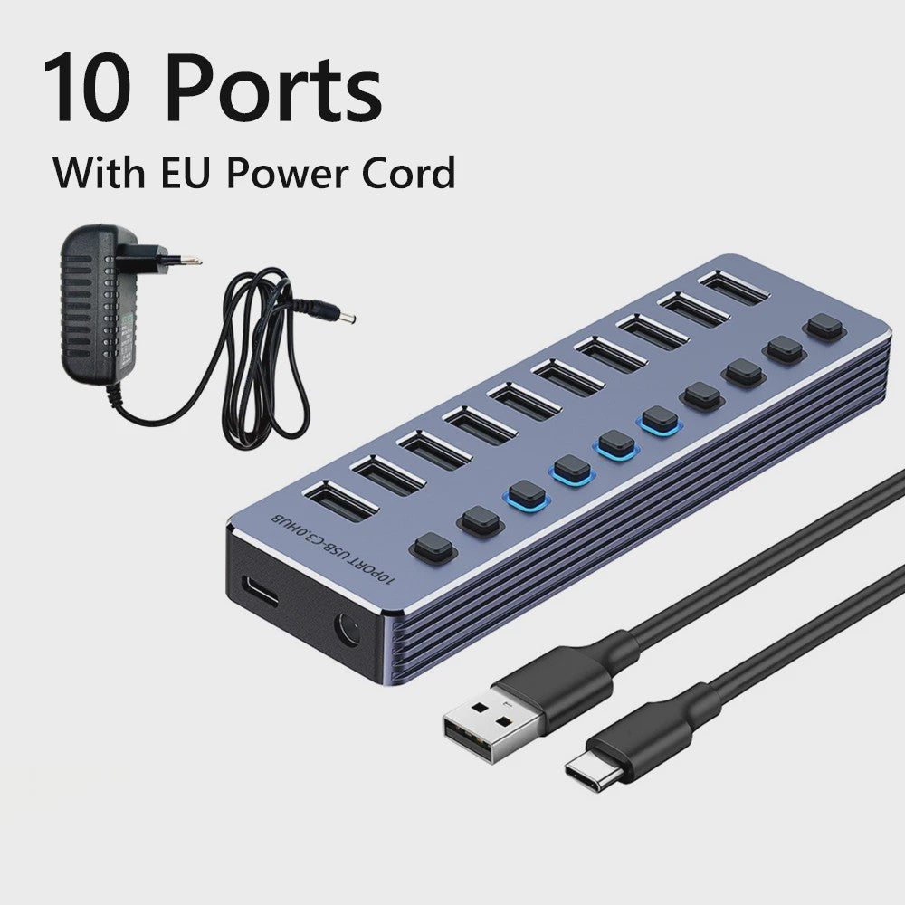 10-Poorts USB 3.0 Hub met 5Gbps Snelheid, Individuele Schakelaars en Krachtige Adapter