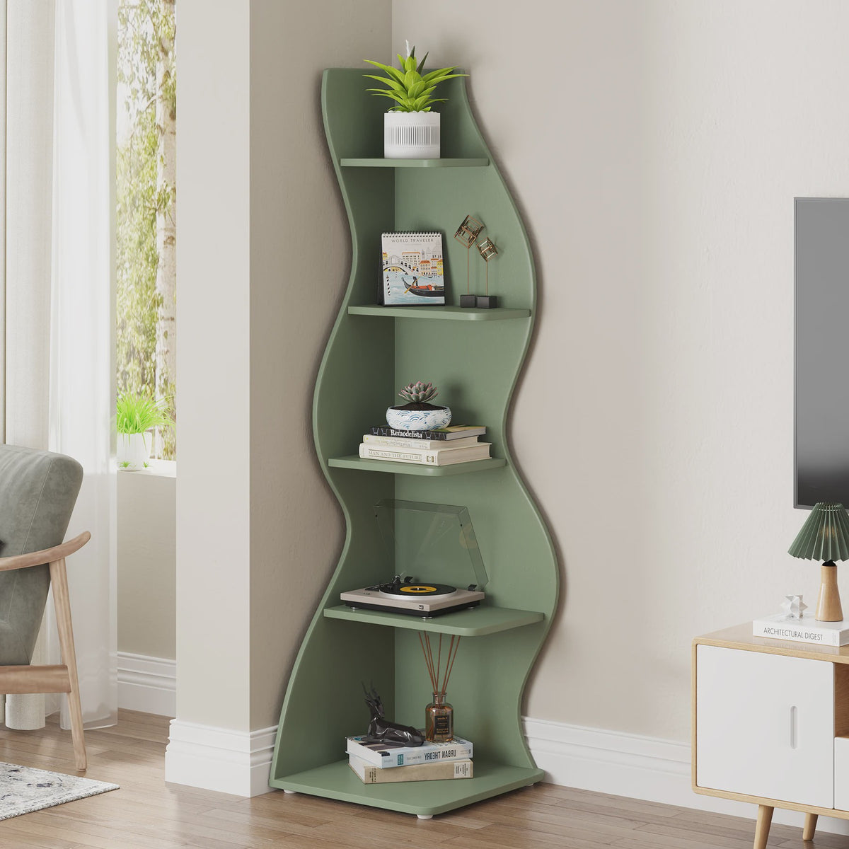 Stijlvolle Golvende Hoekboekenkast met 5 Niveaus - Ruimtebesparend en Decoratief