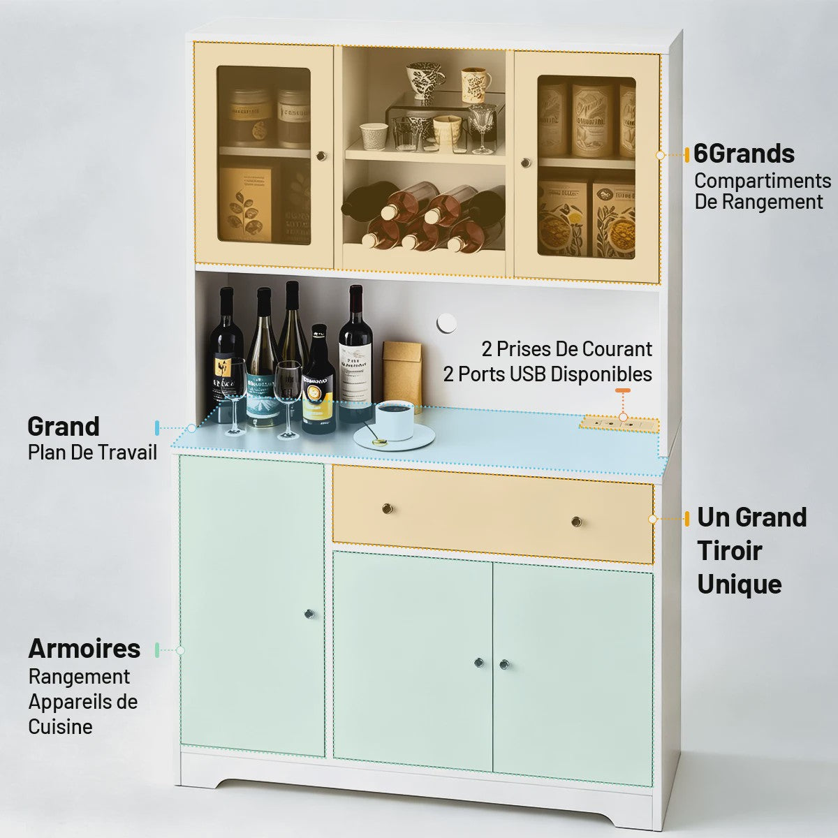 Multifunctioneel Buffetkast Sideboard 105x175cm met Werkblad, Stroompunten en USB - Woonkamer & Keuken