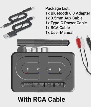 Bluetooth 6.0 Audio Receiver: Draadloze Muziek & HD Calls voor Auto, Speaker & Versterker via USB/AUX/RCA