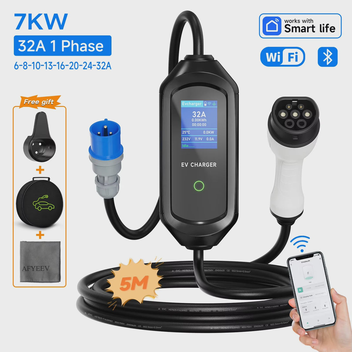 Draagbare EV Charger 3.5/7KW Type 2, 16A Snel Laadkabel met WiFi & APP Controle