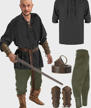 Herencostuum Middeleeuwse Piraat/Viking - Renaissance Set met Shirt, Broek, Riem & Armboeien