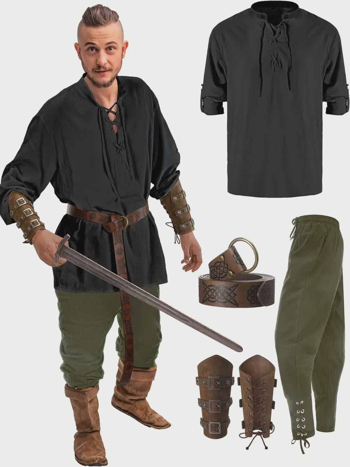 Herencostuum Middeleeuwse Piraat/Viking - Renaissance Set met Shirt, Broek, Riem & Armboeien