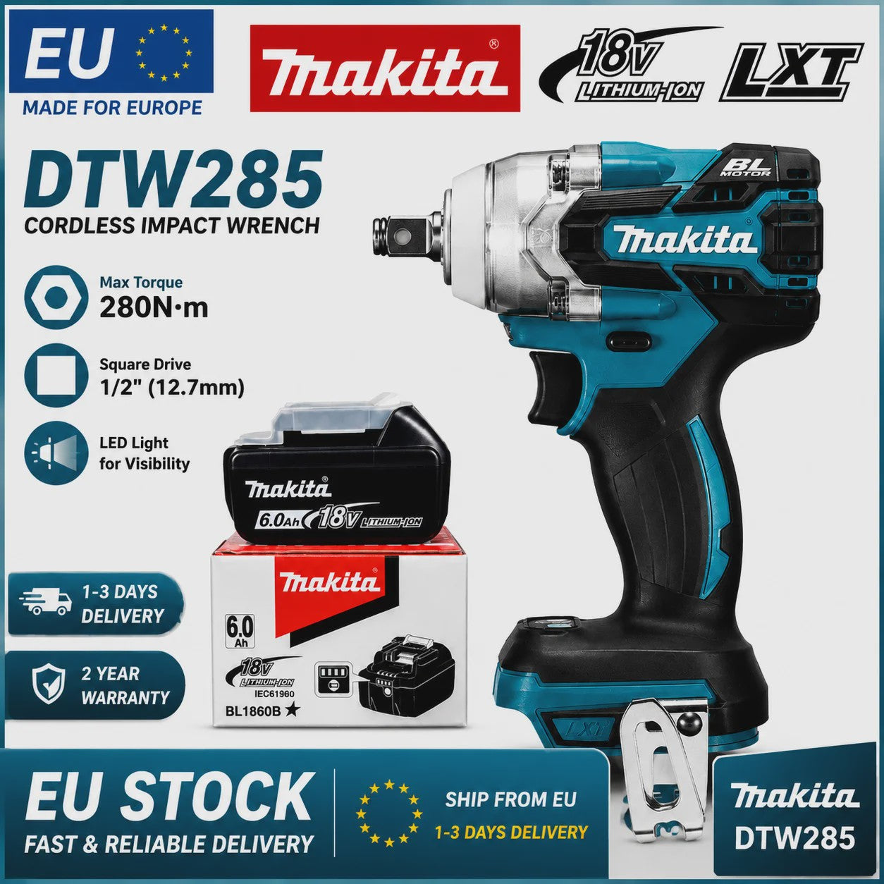 18V Brushless Slagmoersleutel Compatibel met Makita LXT Accu, 320 Nm Draadloos