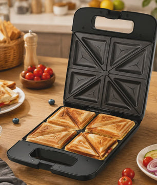 Zwarte Sandwichmaker 1400W - 4 Sandwiches, Dubbelzijdig Verwarmen, Anti-aanbakplaten