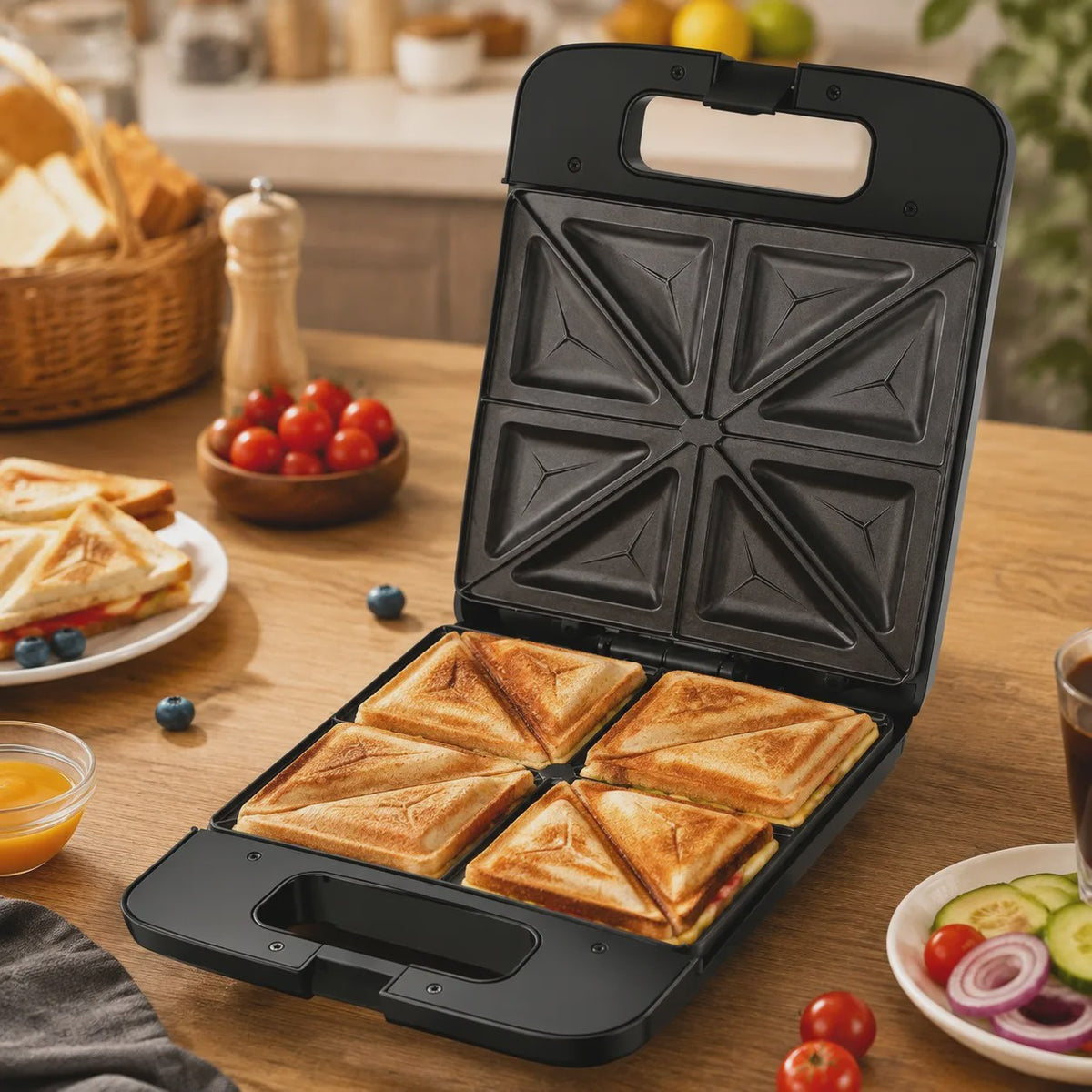 Zwarte Sandwichmaker 1400W - 4 Sandwiches, Dubbelzijdig Verwarmen, Anti-aanbakplaten