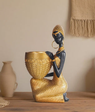 Afrikaanse Vrouw Sculptuur met Gouden Blad Schaal - Decoratieve Opberger & Verzamelobject