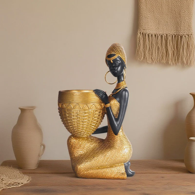 Afrikaanse Vrouw Sculptuur met Gouden Blad Schaal - Decoratieve Opberger & Verzamelobject