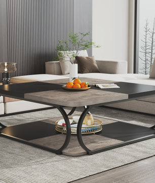 Industriële Salontafel met 2 Niveaus - 100 cm Vierkant - Metaal & Hout-look