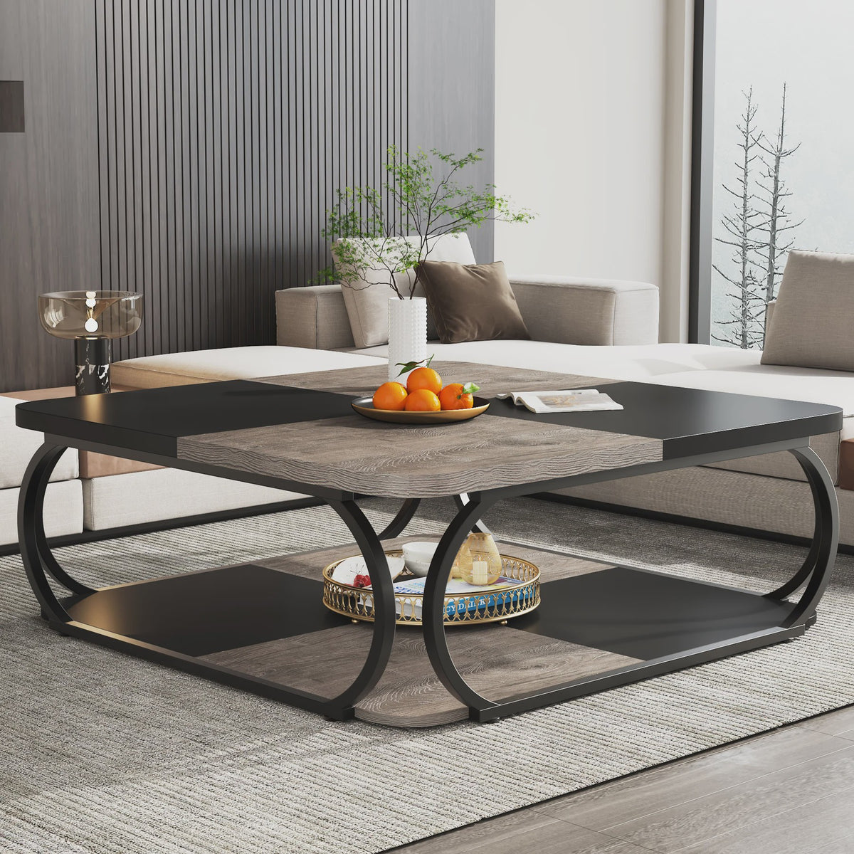 Industriële Salontafel met 2 Niveaus - 100 cm Vierkant - Metaal & Hout-look