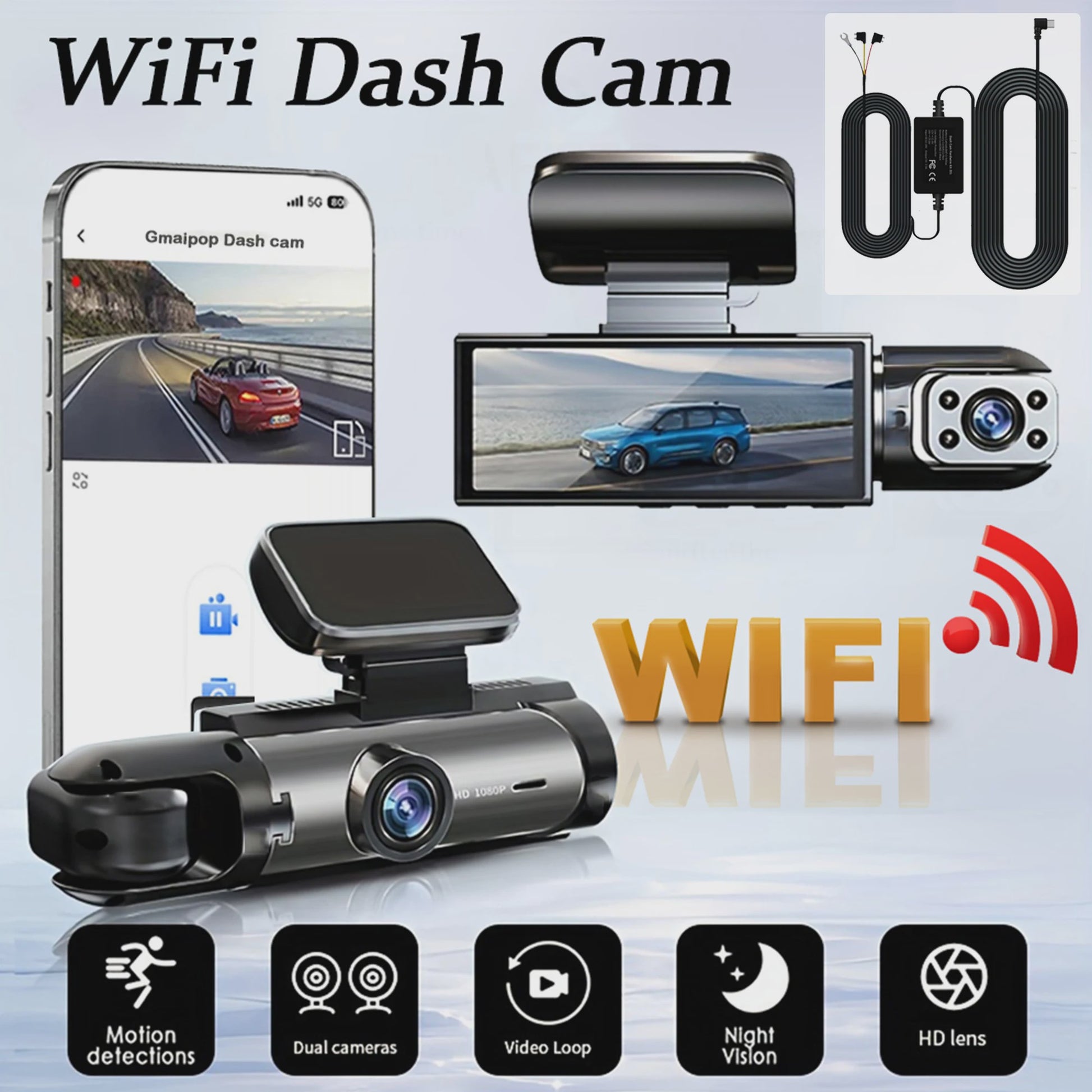 1080P Dual Dashcam: Voor en Binnen, Nachtzicht & WiFi