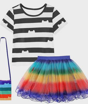 Meisjes Kleding Set: Zwart-Wit Katten T-shirt & Regenboog Tutu Rok met Accessoires