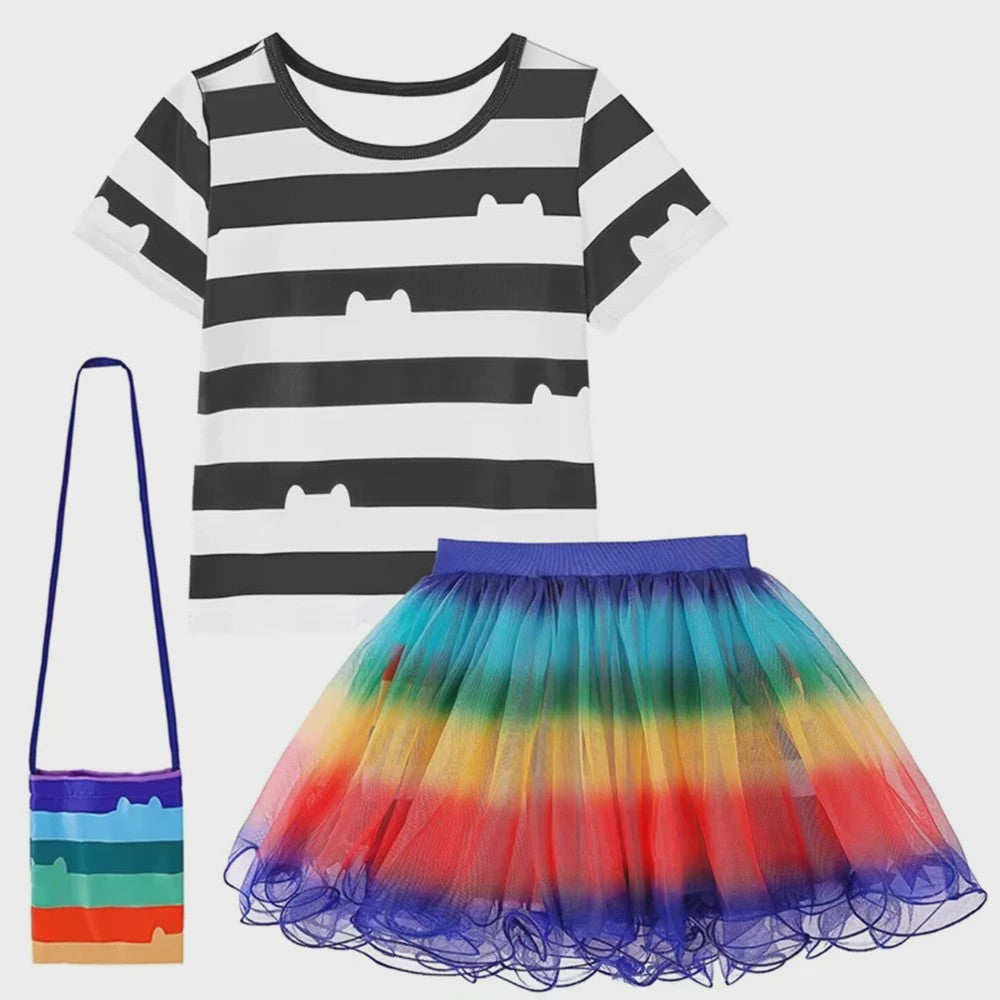 Meisjes Kleding Set: Zwart-Wit Katten T-shirt & Regenboog Tutu Rok met Accessoires