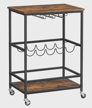 VASAGLE Serveertrolley met Wijnrek en Glashouder - Keukentrolley op Wielen, 40x60x82 cm